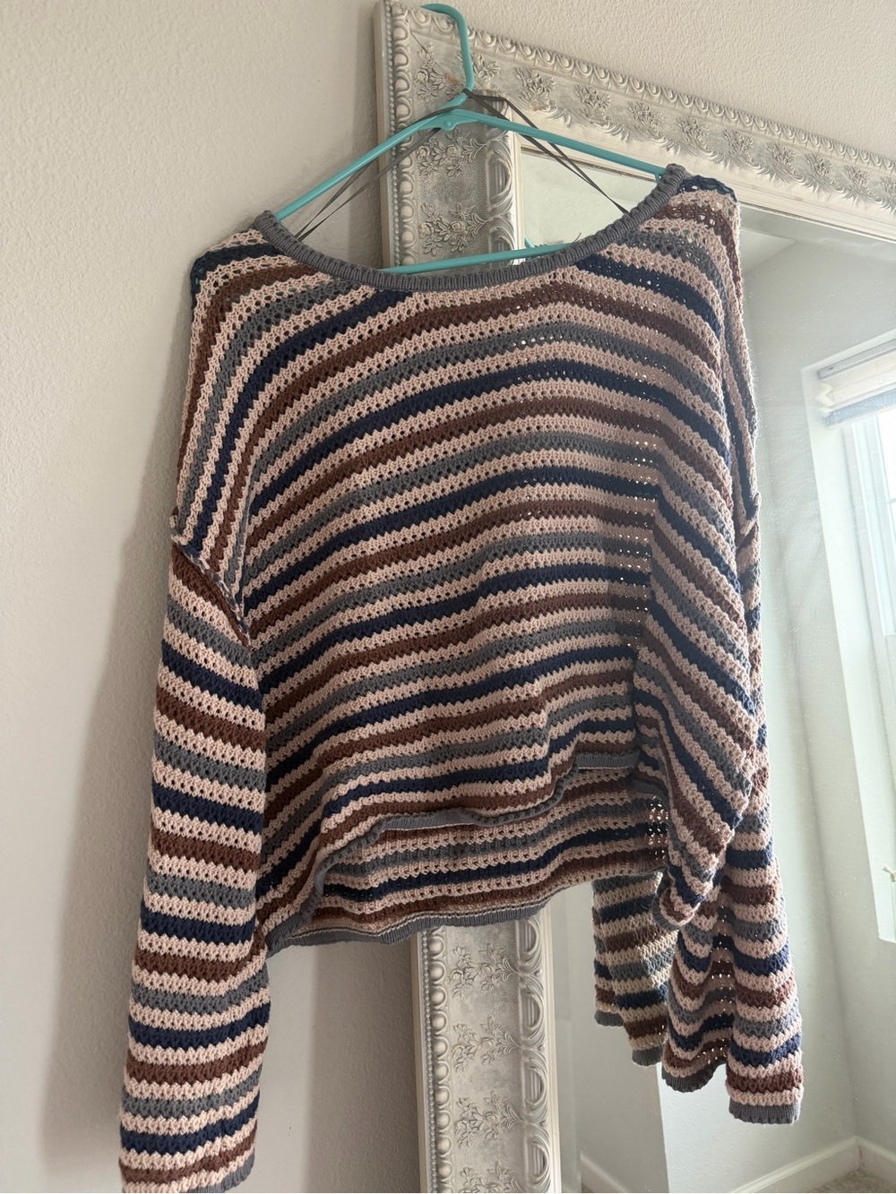 Carly Jean Los Angeles Striped Cropped Knit Sweater in Beige, Brown & Navy